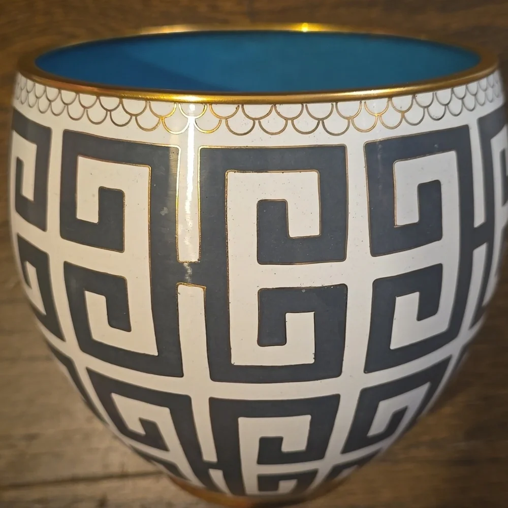 Greek Key Cloisonne Vase, Charcoal, Retail  Price $295.00US, Size Medium